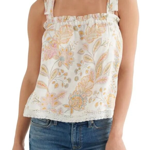 Lucky Brand Easy Tie Shoulder Tank Top in Ivory with Floral Print & Lace Trim - Picture 9 of 9